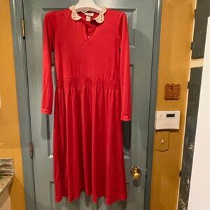 Lanz burgundy rust dress w/lace collar, S, 70s, good condition